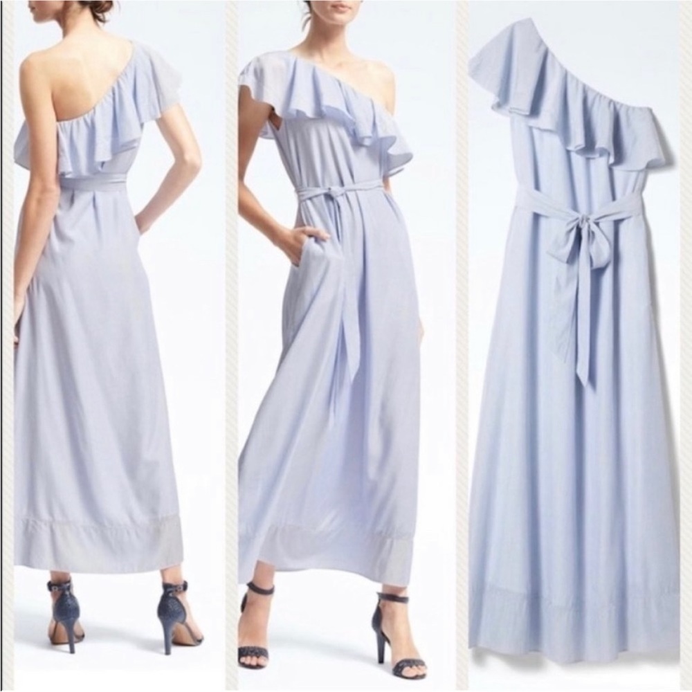 Banana republic blue white striped one shoulder maxi dress
size small